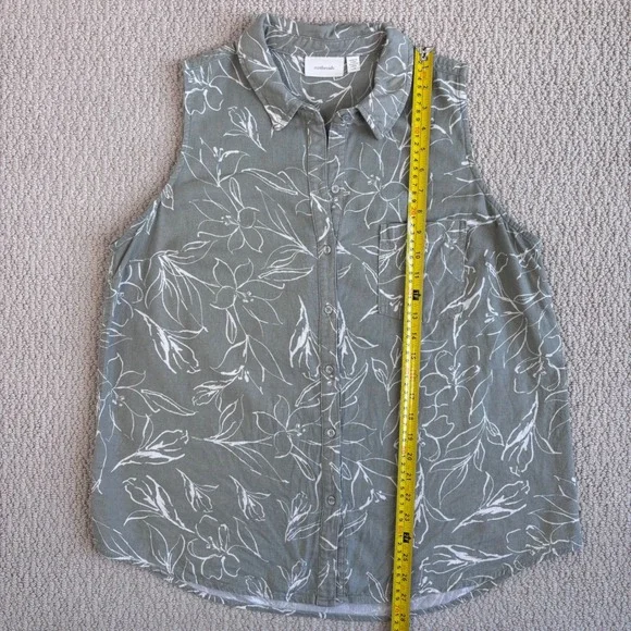 ecothreads Womens Sleeveless Button Up Shirt Green Floral Linen Blend Size L - Picture 6 of 16